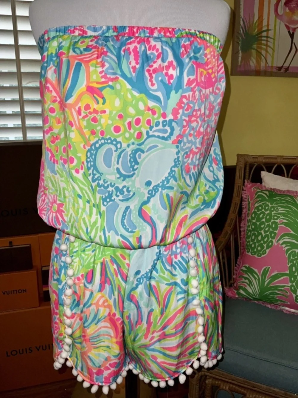 Lilly Pulitzer NWT Daisy Romper Seaspray Blue Lovers Coral Size S Unicorn 🦄 - Picture 15 of 16